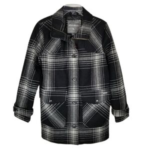 Eddie Bauer Womens Wool Plaid Full Zip Button Car Coat Jacket Black Gray Small